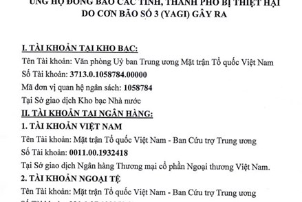 Thông tin tiếp nhận ủng hộ đồng bào các tỉnh, thành phố bị thiệt hại do cơn báo số 3 (YAGI) gây ra