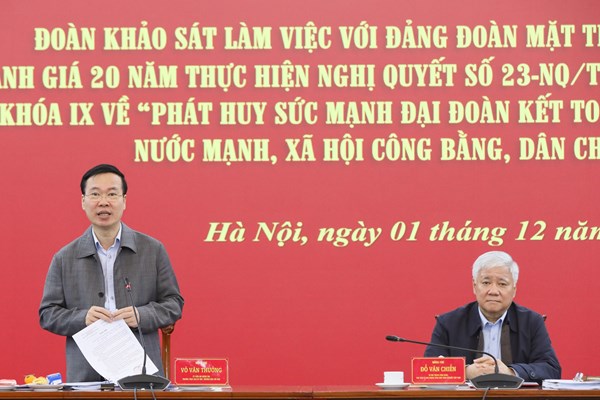 Đoàn khảo sát Tổng kết Nghị quyết số 23-NQ/TW do Thường trực Ban Bí thư Võ Văn Thưởng làm Trưởng đoàn làm việc với Đảng đoàn MTTQ Việt Nam