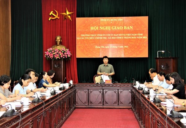 Hưng Yên: Thường trực Tỉnh ủy giao ban với Ủy ban MTTQ Việt Nam tỉnh và các tổ chức chính trị - xã hội tỉnh 6 tháng đầu năm