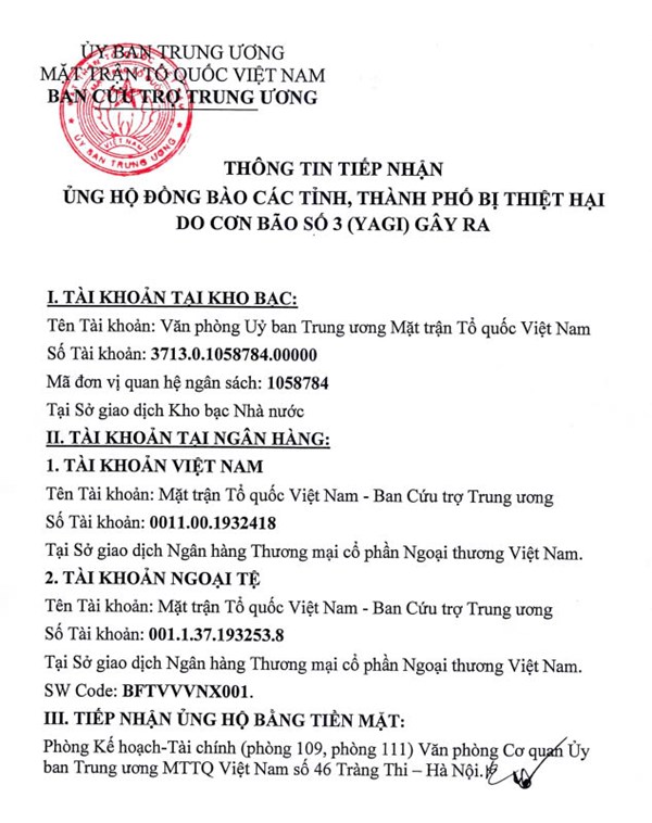 Thông tin tiếp nhận ủng hộ đồng bào các tỉnh, thành phố bị thiệt hại do cơn báo số 3 (YAGI) gây ra