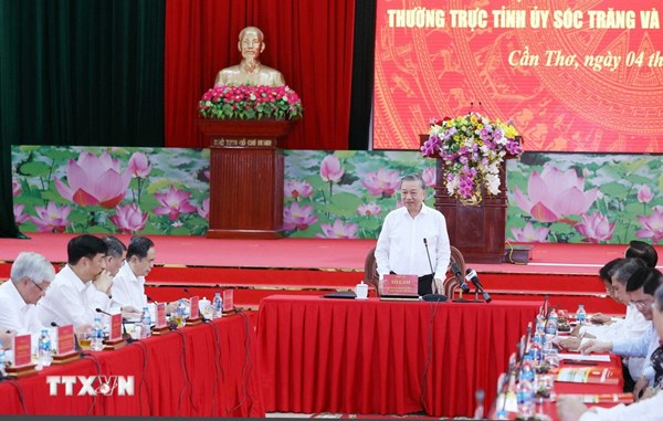 Phát biểu của Tổng Bí thư Tô Lâm tại buổi làm việc với Ban Thường vụ Thành ủy Cần Thơ, Thường trực Tỉnh ủy Sóc Trăng và Thường trực Tỉnh ủy Hậu Giang 