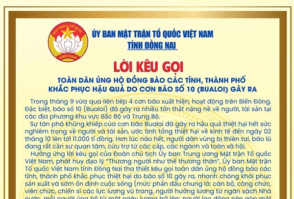 Ủy ban MTTQ Việt Nam tỉnh Điện Biên, Hưng Yên, Đồng Nai kêu gọi ủng hộ đồng bào khắc phục hậu quả bão số 10