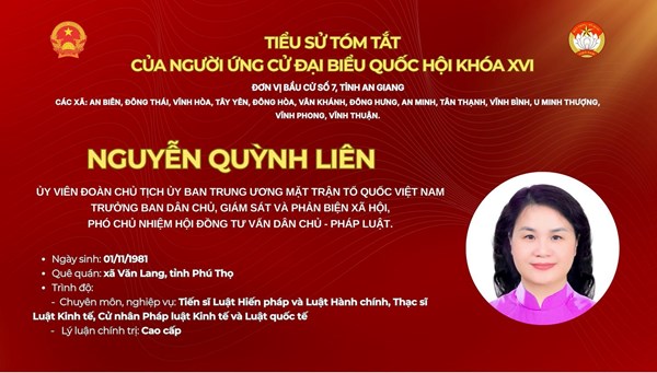 Bà Nguyễn Quỳnh Liên ứng cử Đại biểu Quốc hội Khóa XVI tại đơn vị bầu cử số 7, tỉnh An Giang 